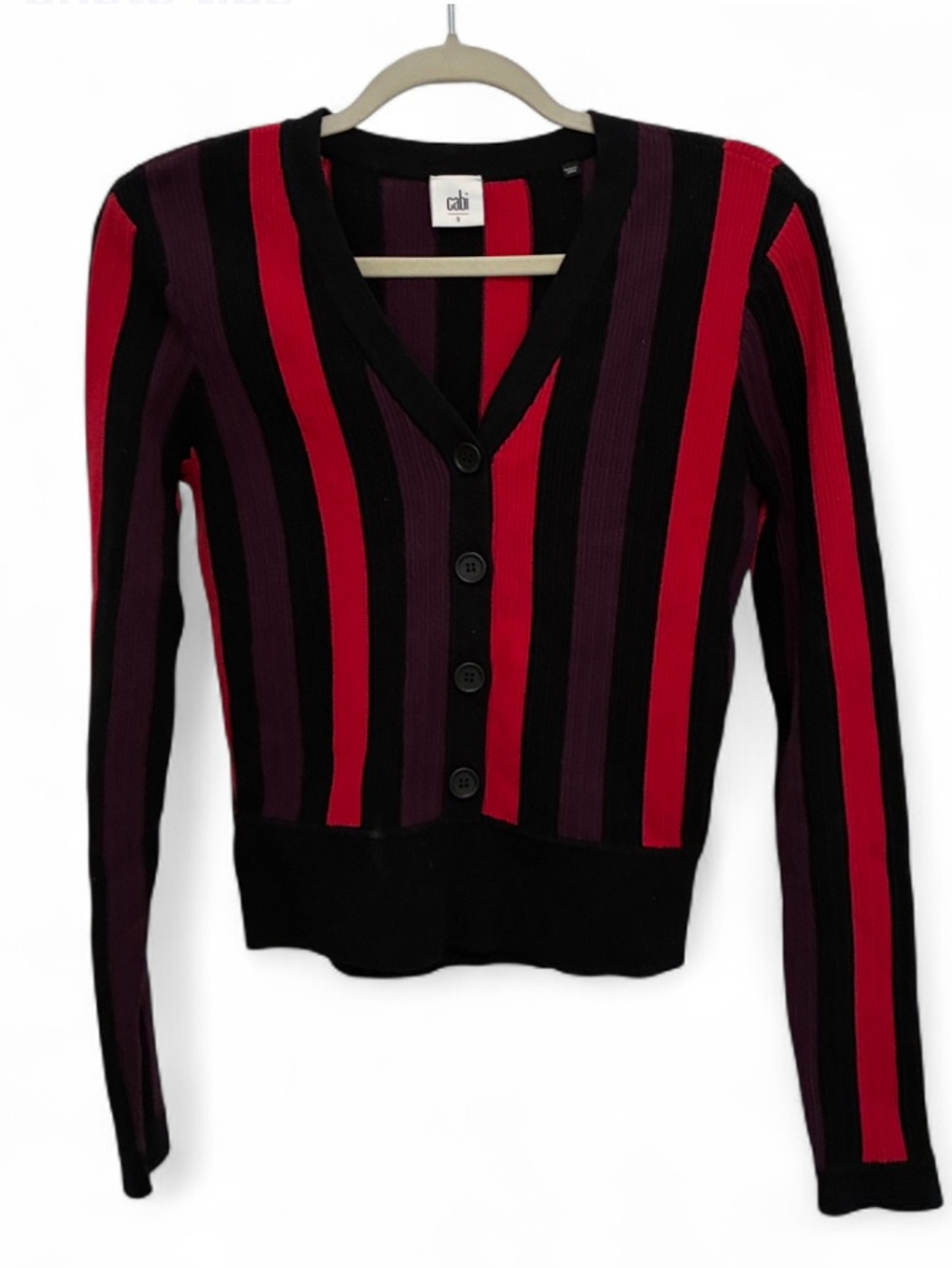 CAbi Black Red Purple Striped V‑Neck Cardigan